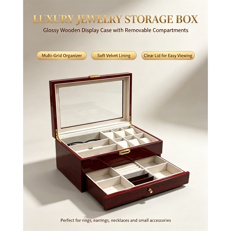 wholesale 2 tier wood jewelry watch sunglasses storage box lockable wooden eyewear collection display organizer box custom logo-2