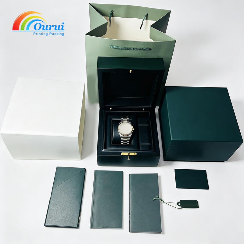Luxury Green Wooden Single Watch Box, Custom Logo Watch Presentation Box with Full Gift Packaging Set