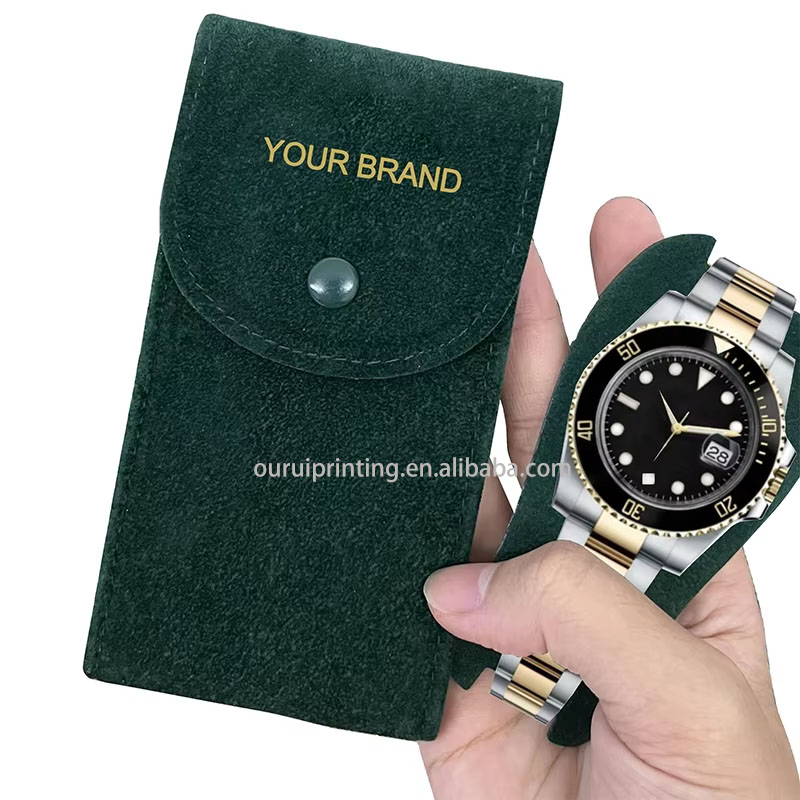 Luxury Dark Green Microfiber Suede Watch Travel Pouch Custom Gold Foil Logo Snap Button Single Watch Storage Protective Bag For Rolex Watch Jewelry Packaging
