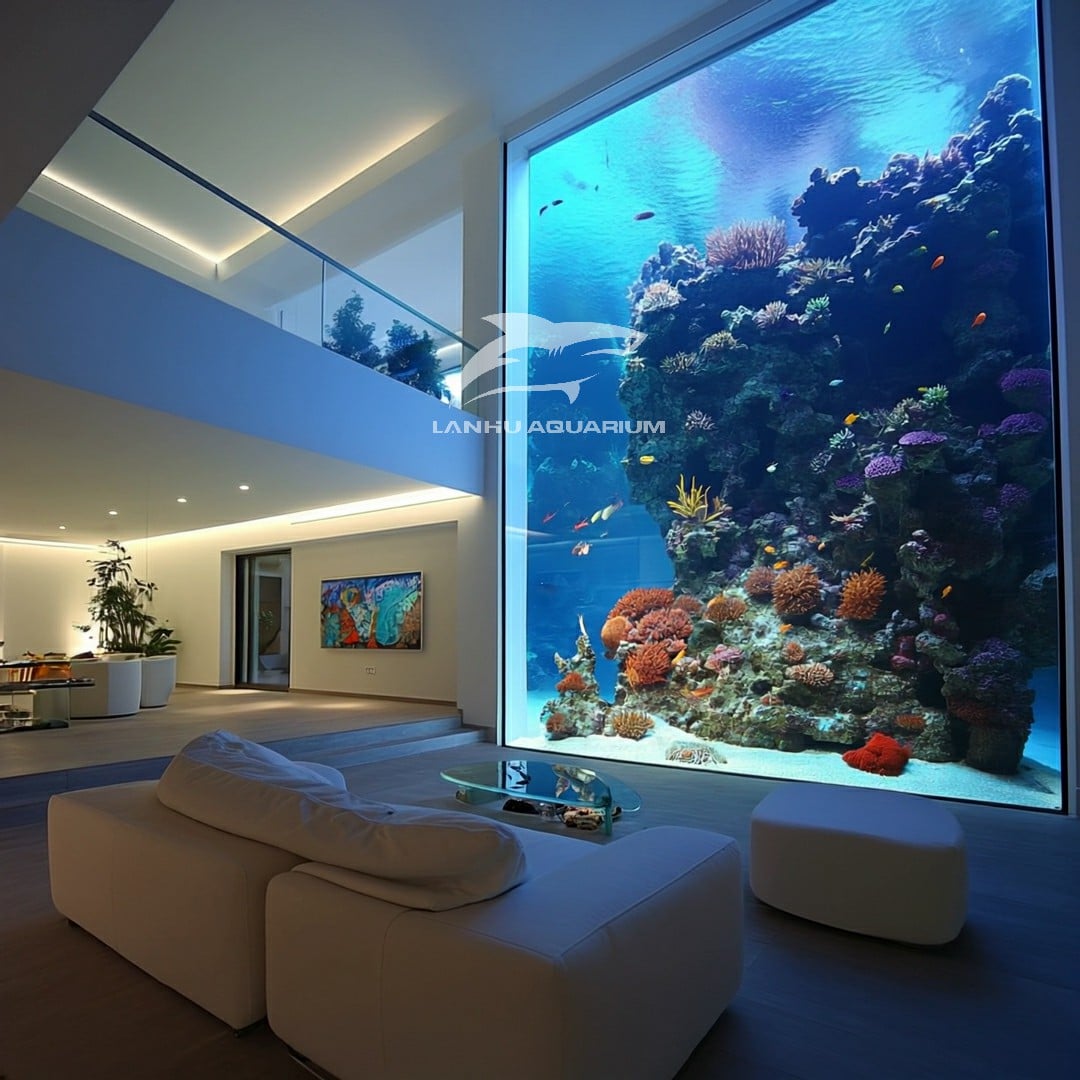 How was the giant acrylic tunnel in the aquarium constructed?