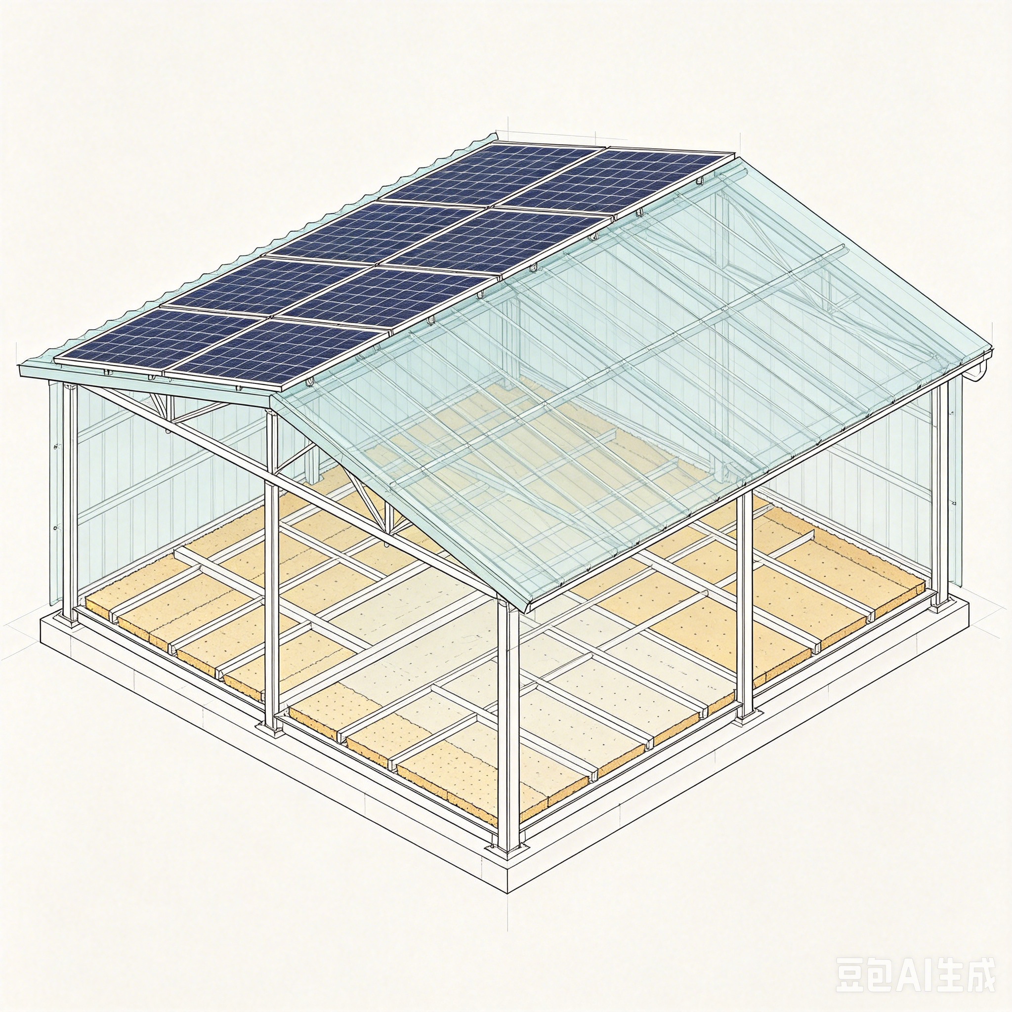 彩钢瓦屋顶内部结构（含透明彩钢瓦与太阳能板）.png