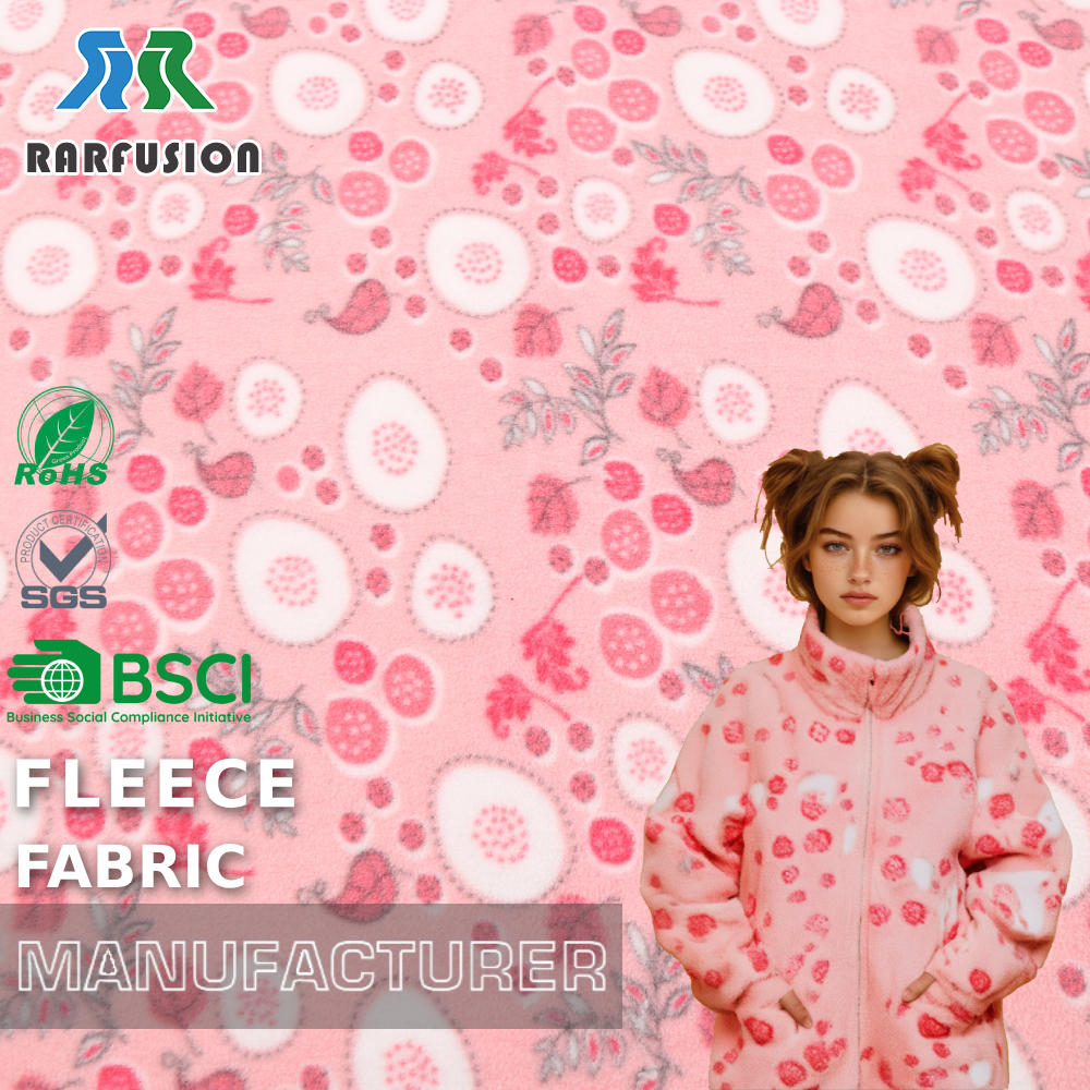 Soft, Whimsical Warm Pink Floral Berry Print Polar Fleece Fabric for Kids’ Wear, Loungewear Winter Jackets