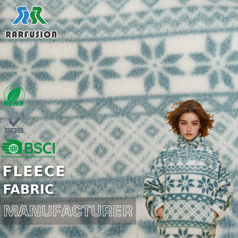 Nordic Snowflake Pattern Sherpa Fleece Custom Printed Polar Fleece Fabric  for Winter Clothing  Blankets