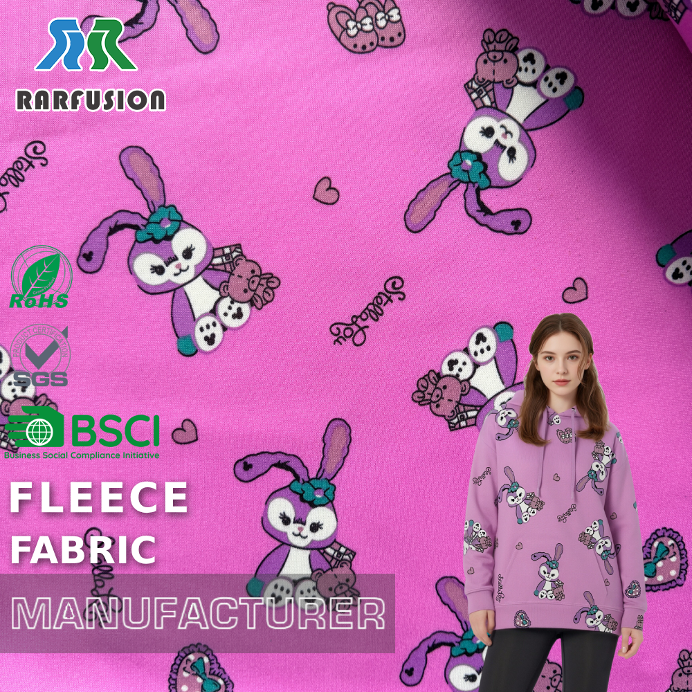 Factory Sale Sweet Pink Cartoon Star Dailu Rabbit Print Single Side Fleece Fabric for Kids Hoodies Children Activewear
