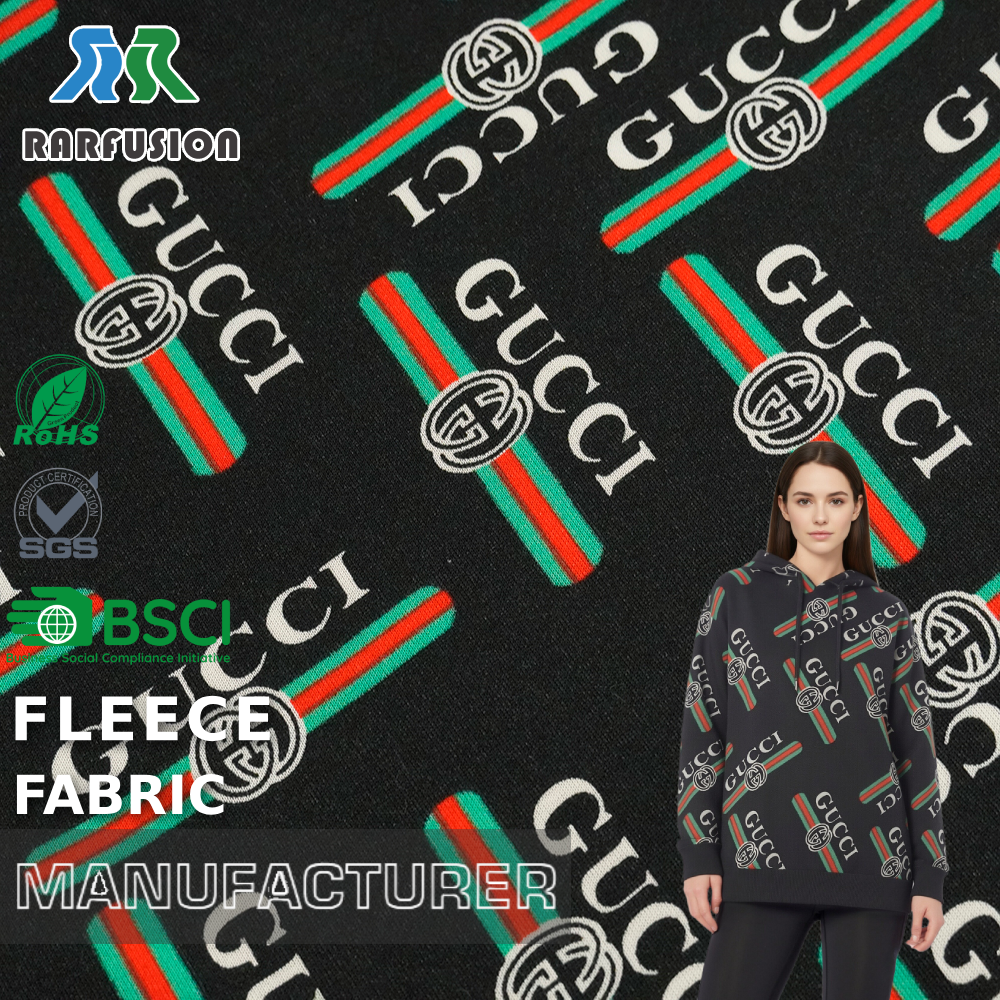 Stylish Monogram Black Designer Logo Print Single Side Fleece Fabric  for Hoodie Streetwear Casual Wear