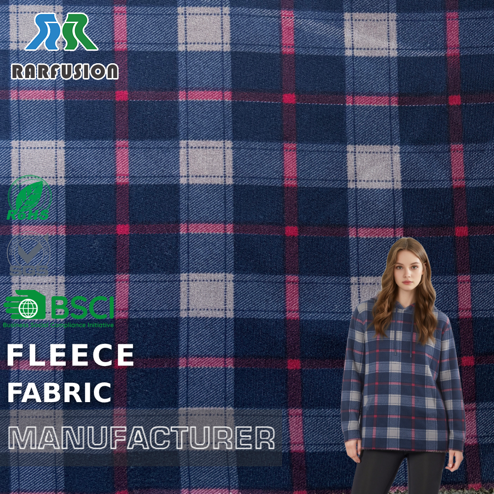 Wholesale Cootton-like Navy & Grey Plaid Single-Side Brushed Fleece Fabric for Hoodies Activewear