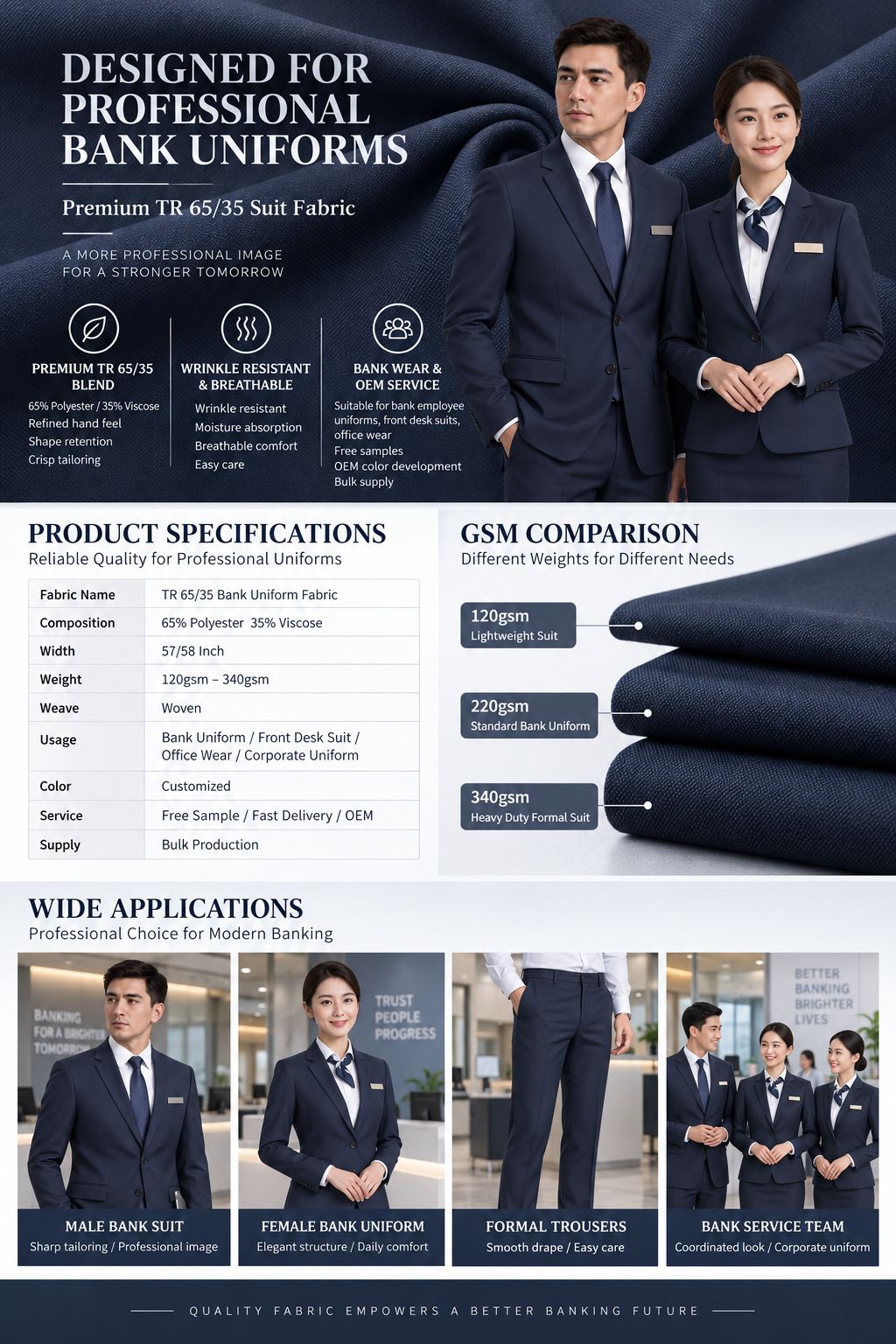 Hebei Gaibo Textile Highlights TR 65/35 Suiting Fabric for Professional Bank Uniforms