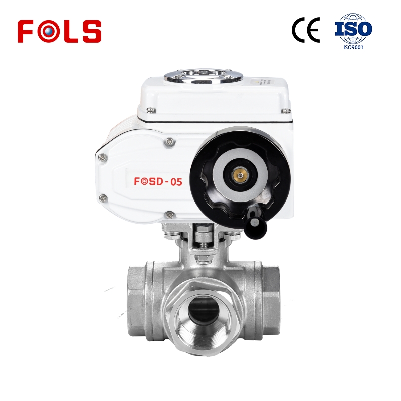 Electric three-way threaded ball valve with handwheel