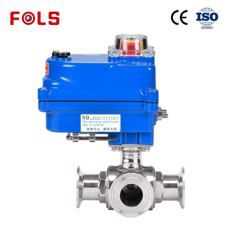Compact electric sanitary grade three-way ball valve