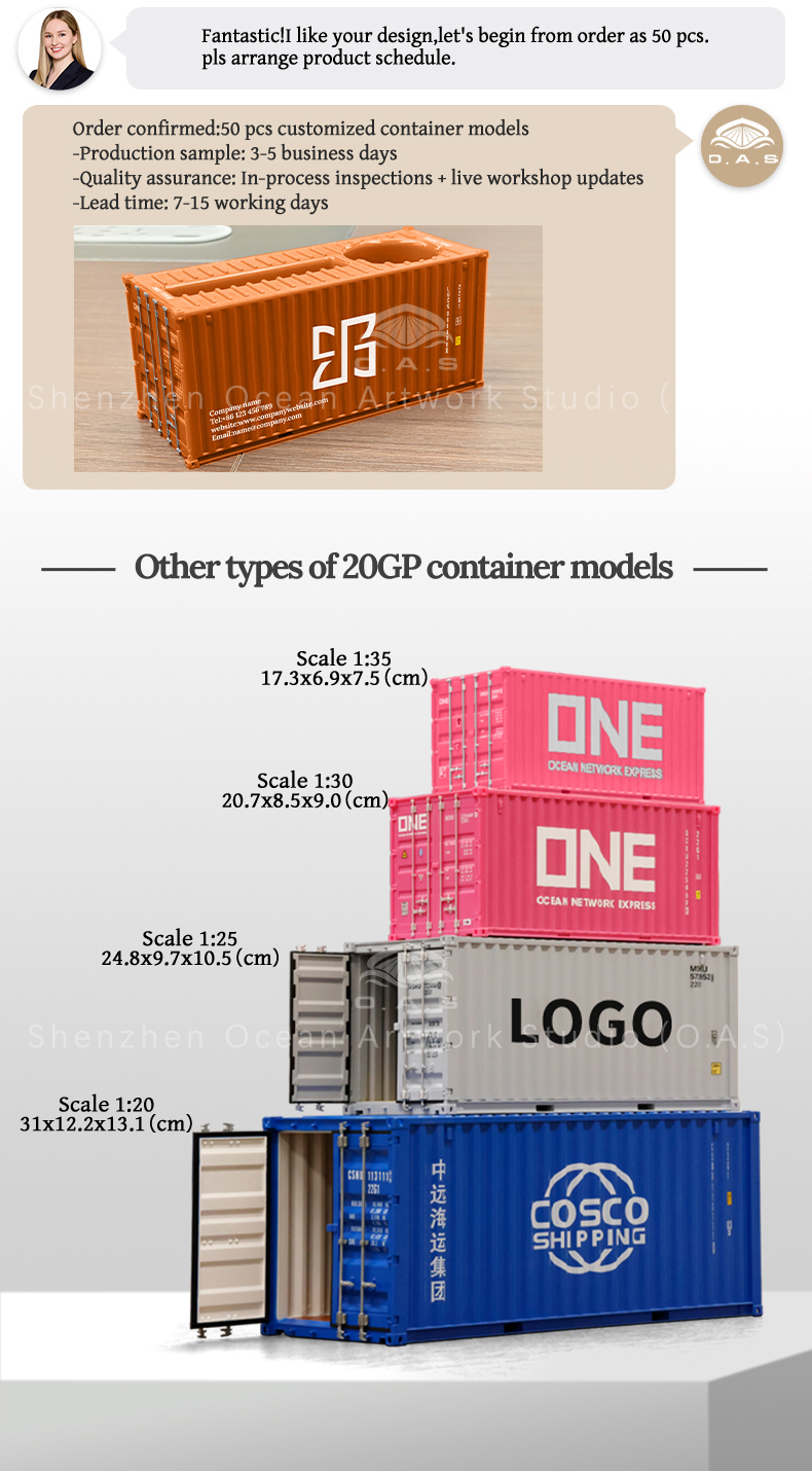O.A.S Model Factory focuses on model making, carefully creating 1:35 EVERGREEN container model, which is cleverly designed as a practical function of pen holder and card case. The model is made of high quality materials, strong and resistant to daily bumps and bruises. The look of the EVERGREEN container is accurate, from classic colors to distinctive logos. Support logo customization, enterprises can easily integrate exclusive elements, show unique charm in business activities. Amber@vesselmodel.com Tel: +86 18038048785