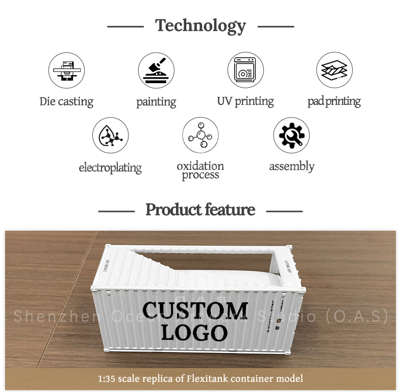 O.A.S manufacturers carefully carved 1:35 LAF container liquid bag container model, accurate replica 20 feet liquid bag container, from the box structure to the details of the liquid bag are lifelike. Professional logo customization services can be cleverly integrated into the corporate logo, whether it is placed in the exhibition hall to attract attention, or as a business gift, it can effectively spread the brand, highlight the professional image of the enterprise, and quickly customize to open the exclusive brand display journey. Amber@vesselmodel.com Tel: +86 18038048785