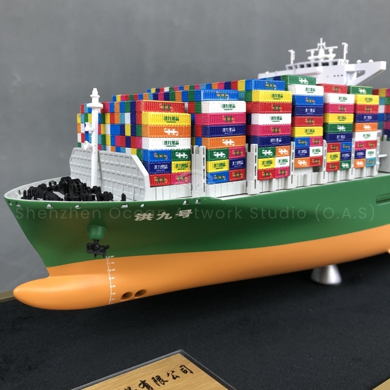 This 65cm container ship model produced by O.A.S is a static model, but the majestic momentum of dynamic navigation is condensed in one place. The proportions of the hull are accurate, the container arrangement is orderly, and the details can withstand fine quality. We support the development of customized, according to your requirements, whether it is the hull color, logo, or specific scene elements, can be cleverly integrated to create a unique static container ship model.Amber@vesselmodel.com Tel: +86 18038048785
