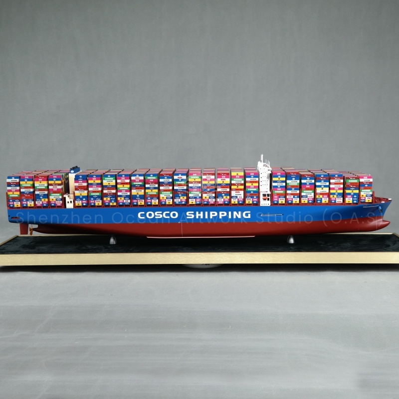 This 127cm middle-ocean container ship model produced by O.A.S is specially customized for enterprises. It's meticulously reproduced with real ships in the middle and far seas, with precise proportions. The hull lines are strong, the containers are neatly arranged, and the details are lifelike. Placed in the company, highlighting the strong strength of the enterprise, implying that the enterprise is like a ship in the sea of business, pioneering and forging ahead, full of success glory.Amber@vesselmodel.com Tel: +86 18038048785