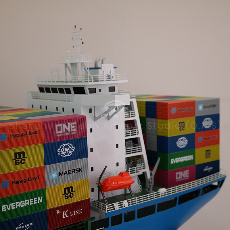 This 150cm container ship model made by O.A.S is specially customized for business opening. It is carved by professional craftsmen according to precise drawings, the ship's body is smooth and atmospheric, the container is arranged neatly, and the details are revealed. When opening as a gift, it can not only highlight the strength of the enterprise, but also imply the sail. Used in exhibitions, it will also attract attention and help enterprises start shooting.Amber@vesselmodel.com Tel: +86 18038048785
