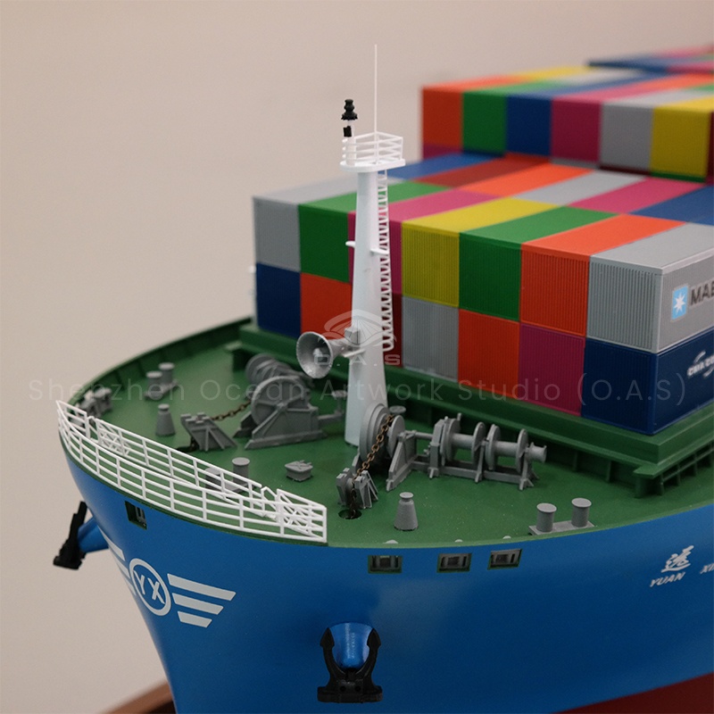 This 150cm container ship model made by O.A.S is specially customized for business opening. It is carved by professional craftsmen according to precise drawings, the ship's body is smooth and atmospheric, the container is arranged neatly, and the details are revealed. When opening as a gift, it can not only highlight the strength of the enterprise, but also imply the sail. Used in exhibitions, it will also attract attention and help enterprises start shooting.Amber@vesselmodel.com Tel: +86 18038048785