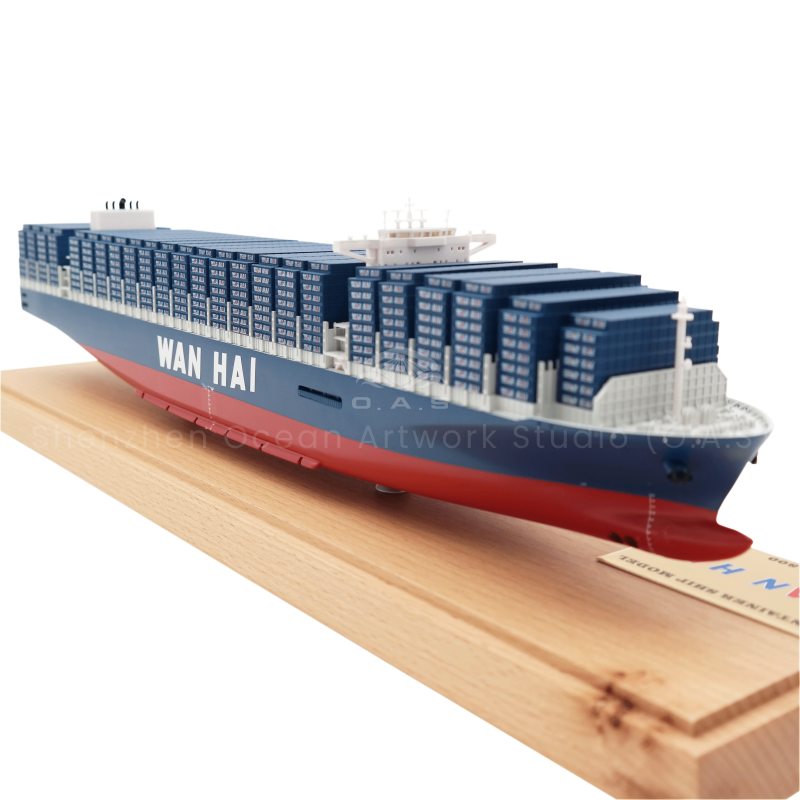 O.A.S ship model factory carefully creates 45cm WAN HAI alloy container ship model and provides intimate LOGO customization service. The selection of high-quality alloys ensures that the ship model is strong and full of texture, and the ship shape and details are accurately restored. Enterprises can print the exclusive logo on the body of the ship, whether it is a business gift or display collection, can fully show the unique charm and brand style.Amber@vesselmodel.com Tel: +86 18038048785