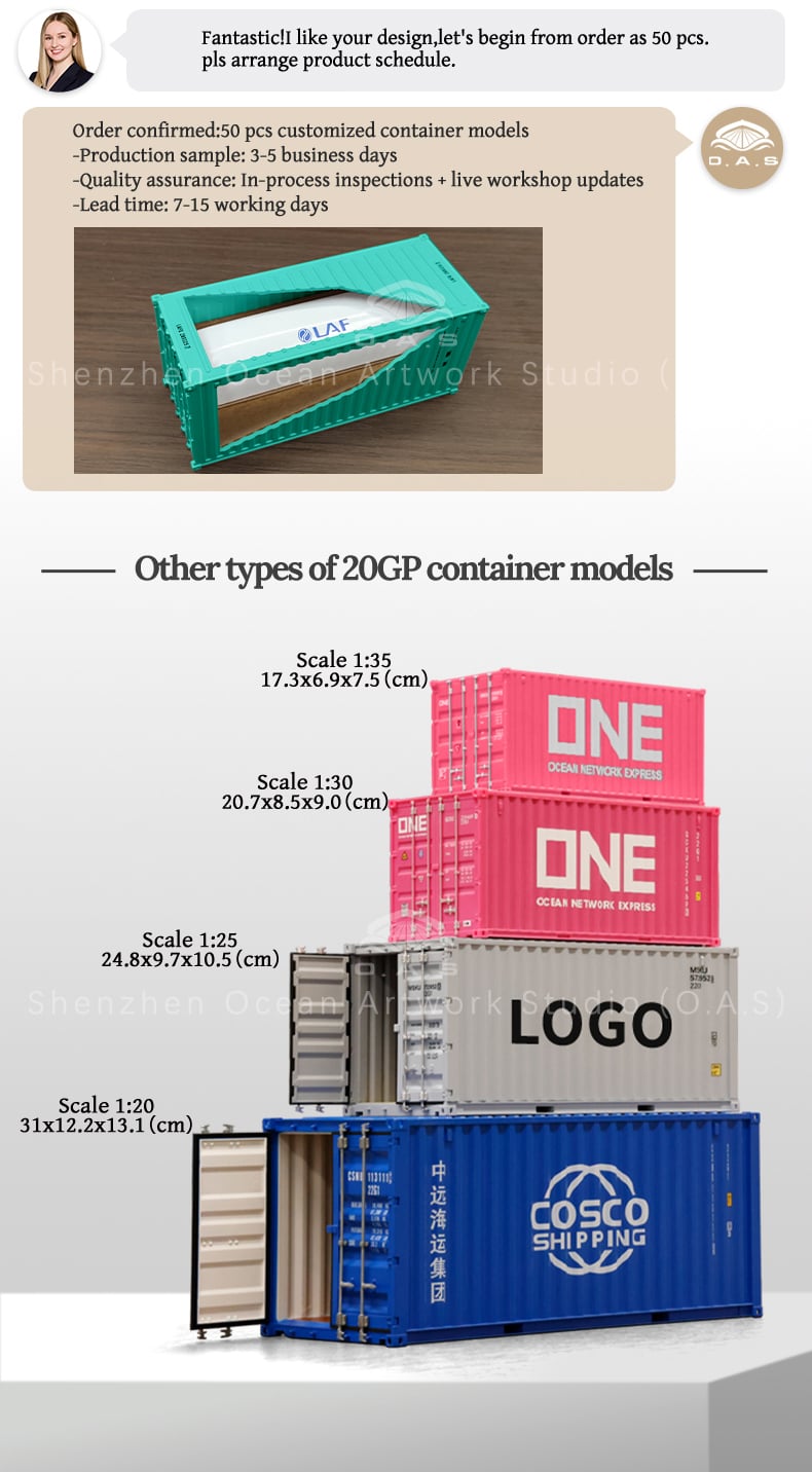O.A.S manufacturers carefully carved 1:35 LAF container liquid bag container model, accurate replica 20 feet liquid bag container, from the box structure to the details of the liquid bag are lifelike. Professional logo customization services can be cleverly integrated into the corporate logo, whether it is placed in the exhibition hall to attract attention, or as a business gift, it can effectively spread the brand, highlight the professional image of the enterprise, and quickly customize to open the exclusive brand display journey. Amber@vesselmodel.com Tel: +86 18038048785
