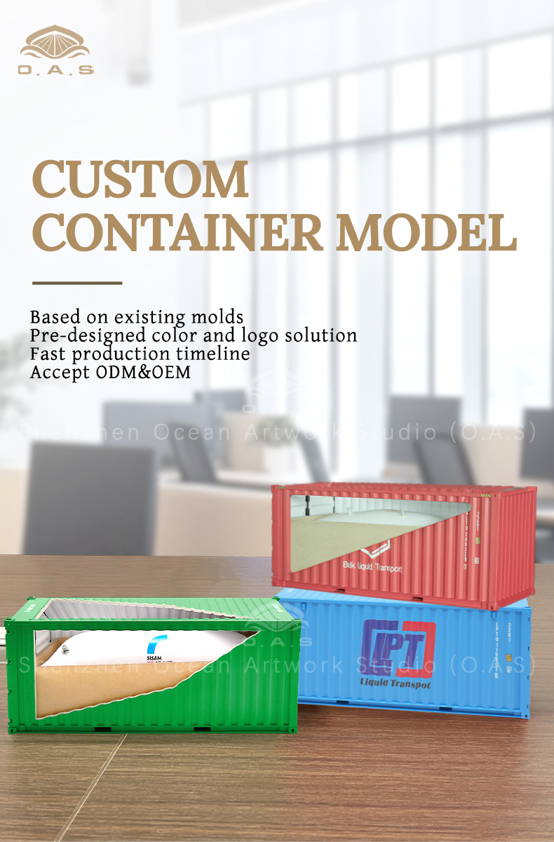 O.A.S model manufacturers focus on 1:20 shipping liquid bag container model customization. The model highly restores the real container, accurately presents the shape of the liquid bag, exquisite details and excellent texture. Provide logo customization services, enterprises can integrate the logo cleverly. Whether it is placed in the office, participate in the exhibition, or sent as a gift, it can perfectly show the corporate image, help brand publicity, quickly customize, and create exclusive models. Amber@vesselmodel.com Tel: +86 18038048785
