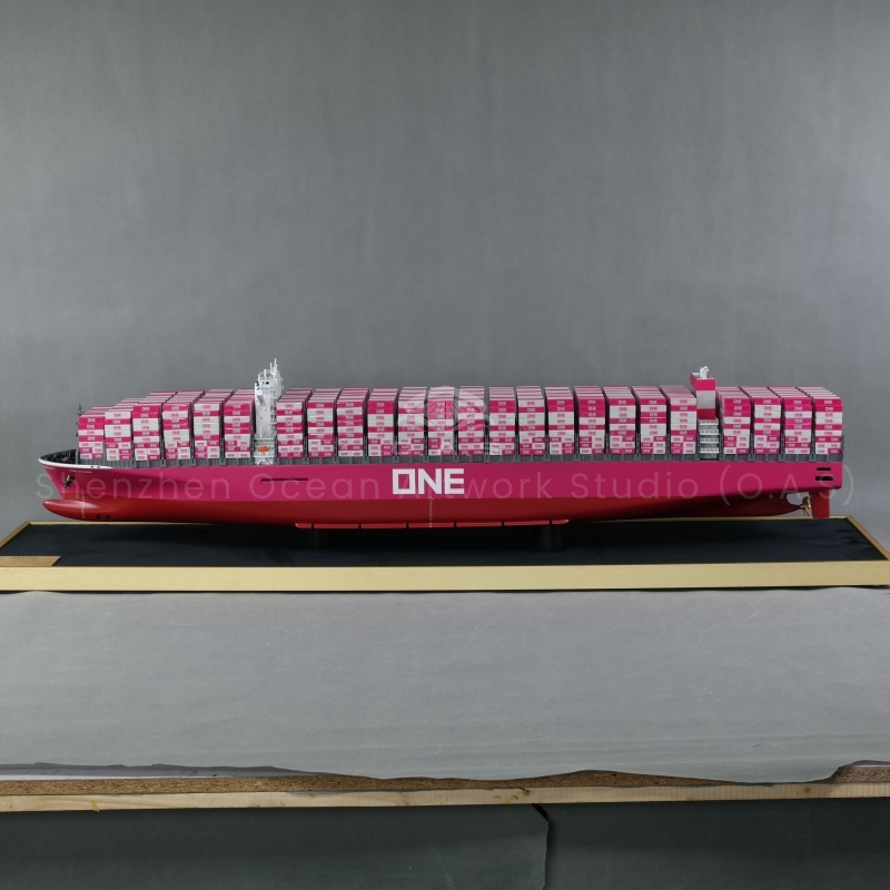 The 127cm ONE container ship model produced by O.A.S was carefully developed and customized by professional shipyards. Based on ONE real ship type, it accurately restores the appearance details, from the ship's body flow line to the container stack, which is lifelike. The enterprise logo, color and other elements can be customized on demand to make it unique. Suitable for enterprise exhibition, business gifts, highlighting the strength of the enterprise and professional image.Amber@vesselmodel.com Tel: +86 18038048785