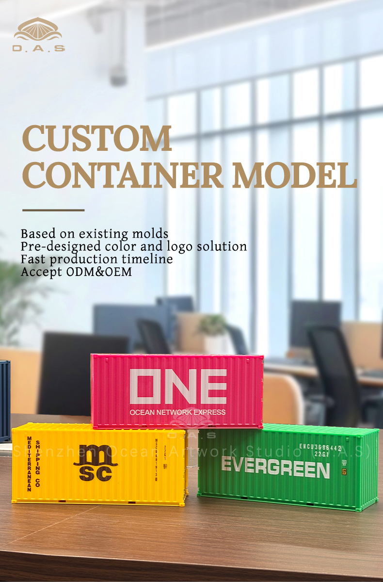 The 1:35 EVERGREEN Marine container model launched by O.A.S factory is carefully built by professional container model manufacturers. Accurately restore the appearance of EVERGREEN shipping containers with smooth lines and realistic details. Support logo customization, enterprises can be integrated into the exclusive logo. As a shipping gift, unique and practical, whether it is a business gift or an event display, it can highlight the professionalism and sincerity of the enterprise. Amber@vesselmodel.com Tel: +86 18038048785