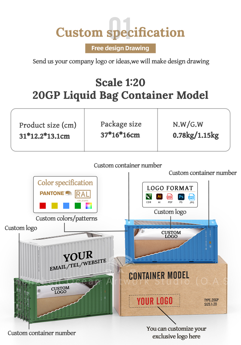 O.A.S model manufacturers focus on 1:20 shipping liquid bag container model customization. The model highly restores the real container, accurately presents the shape of the liquid bag, exquisite details and excellent texture. Provide logo customization services, enterprises can integrate the logo cleverly. Whether it is placed in the office, participate in the exhibition, or sent as a gift, it can perfectly show the corporate image, help brand publicity, quickly customize, and create exclusive models. Amber@vesselmodel.com Tel: +86 18038048785