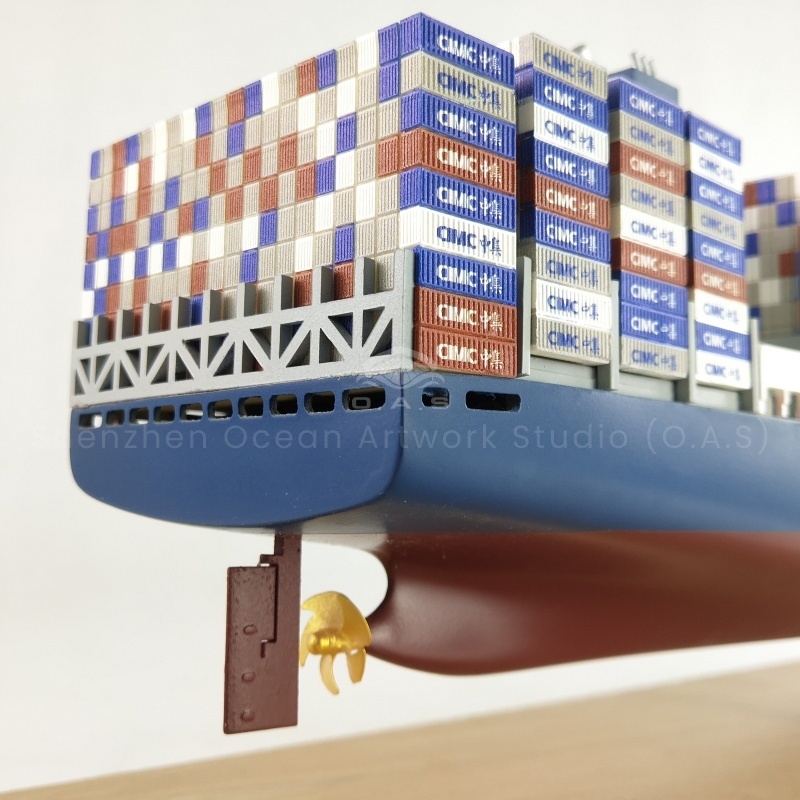 O.A.S simulation ship model factory provides excellent customized service for shipping companies. This 65cm 18000TEU container ship model is developed and customized according to the needs of the shipping company. Fine sculpting of every detail, from hull structure to container arrangement, highly restore the true ship shape, helping the shipping company to demonstrate strong shipping capacity and extraordinary strength.Amber@vesselmodel.com Tel: +86 18038048785