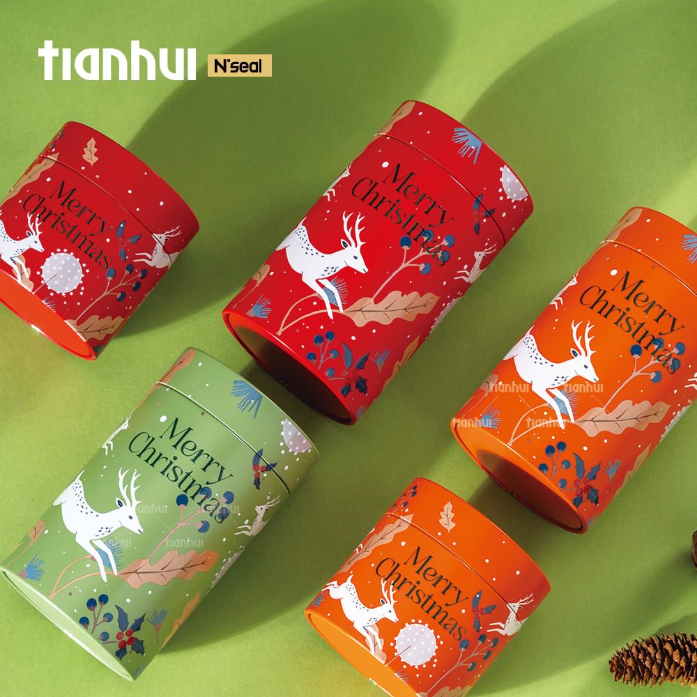 Kaleng Logam Tertutup Desain Perayaan Tianhui Grosir untuk Kemasan Hadiah Liburan Natal dengan Tutup Kedap Udara