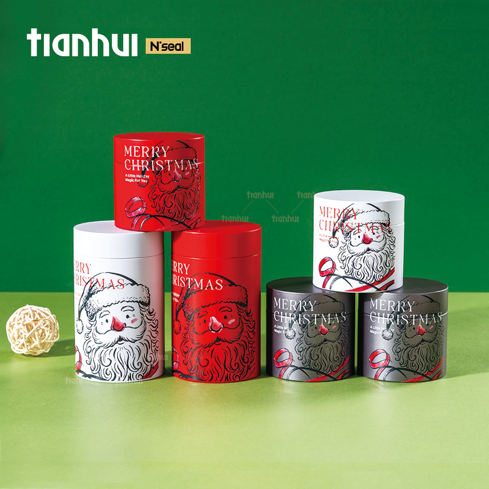Tianhui Kaleng Logam Bulat Kedap Udara dengan Cetakan Khusus untuk Kemasan Hadiah Natal