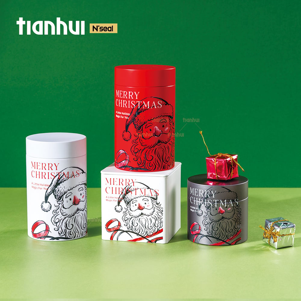 Tianhui Kaleng Logam Bulat Kedap Udara dengan Cetakan Khusus untuk Kemasan Hadiah Natal
