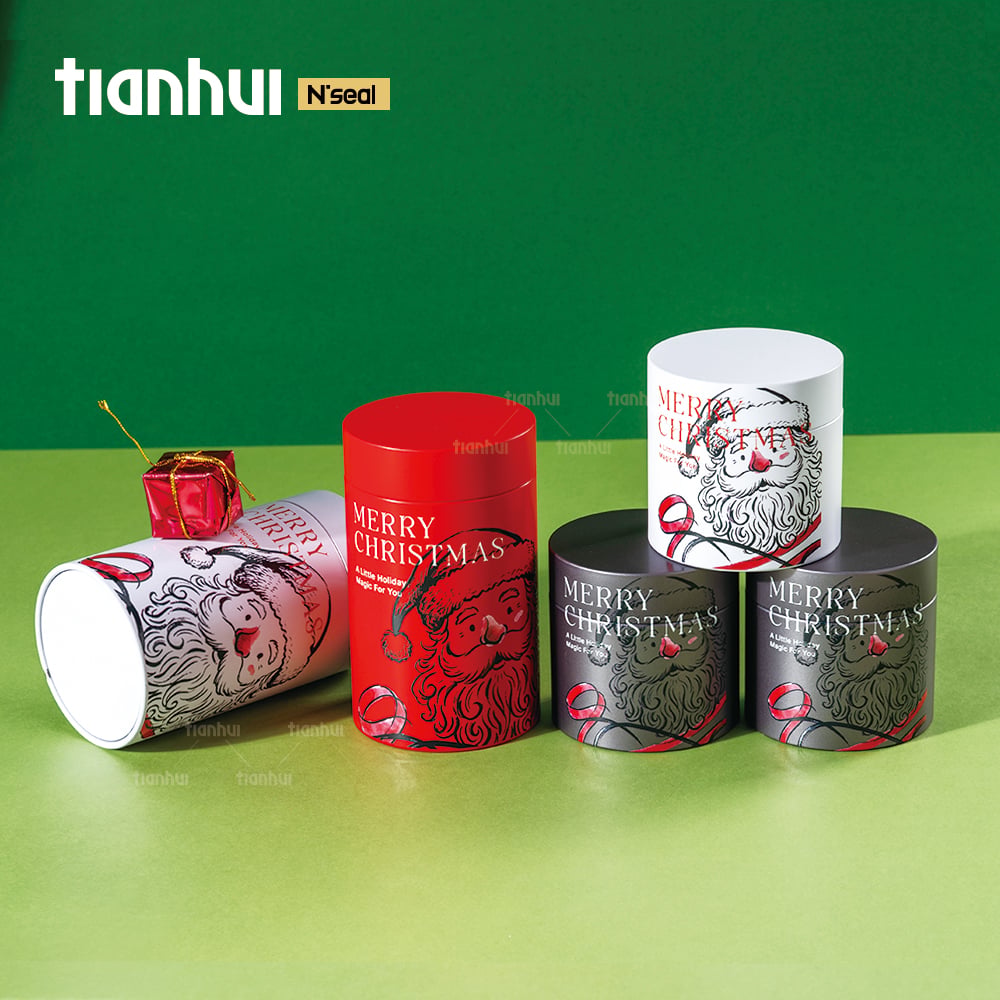 Tianhui Kaleng Logam Bulat Kedap Udara dengan Cetakan Khusus untuk Kemasan Hadiah Natal