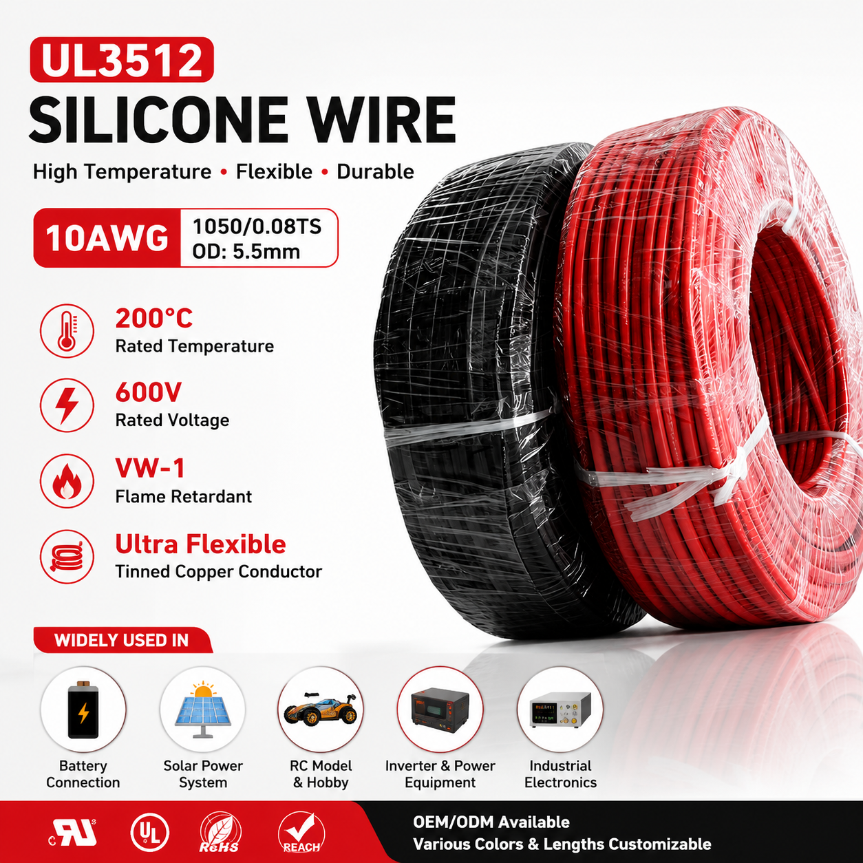 UL3512 Silikonový kabel – pružný vysokoteplotní kabel s cínovaným měděným vodičem