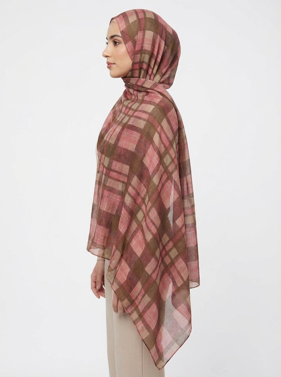 Printed Modal Hijab Checkered design Pink