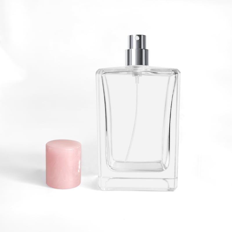 Reka bentuk segi empat mewah berkualiti tinggi lutsinar merah jambu 100ml botol perfum kaca kosong tersuai dengan penutup