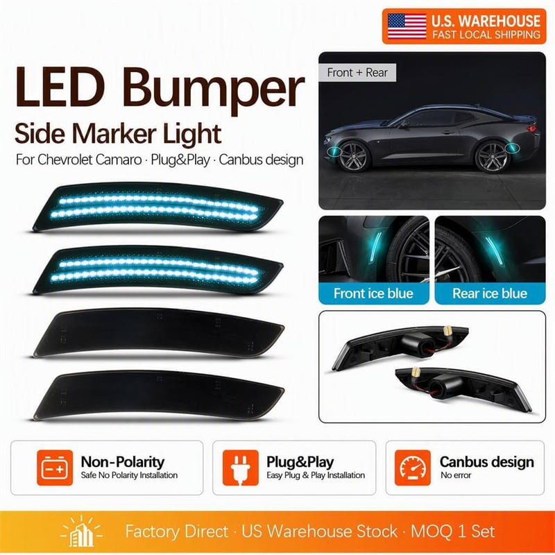 Smoked Lens Ice Blue LED Front Rear Bumper Side Marker Lights for Chevrolet
