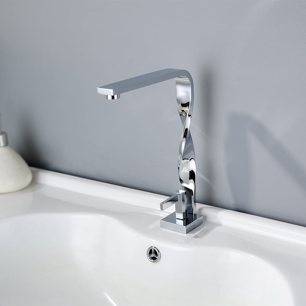 Single Handle Bathroom Faucet Polished Chrome Twisted Helical Design Basin Mixer Tap Modern Rectangular Spout Deck Mount