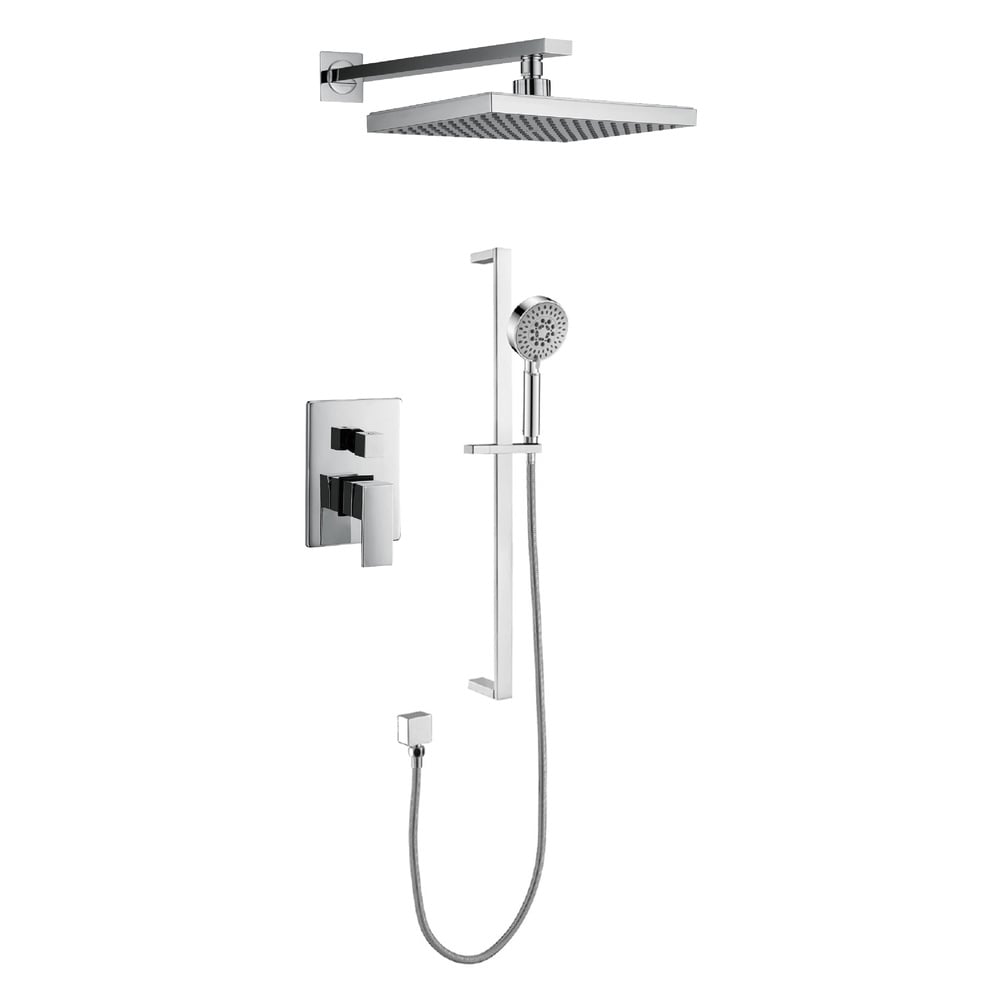 Polished Chrome Wall Mounted Shower System Square Rain Head Handheld Spray Slide Bar Diverter Modern for Hotel Villa Bathroom
