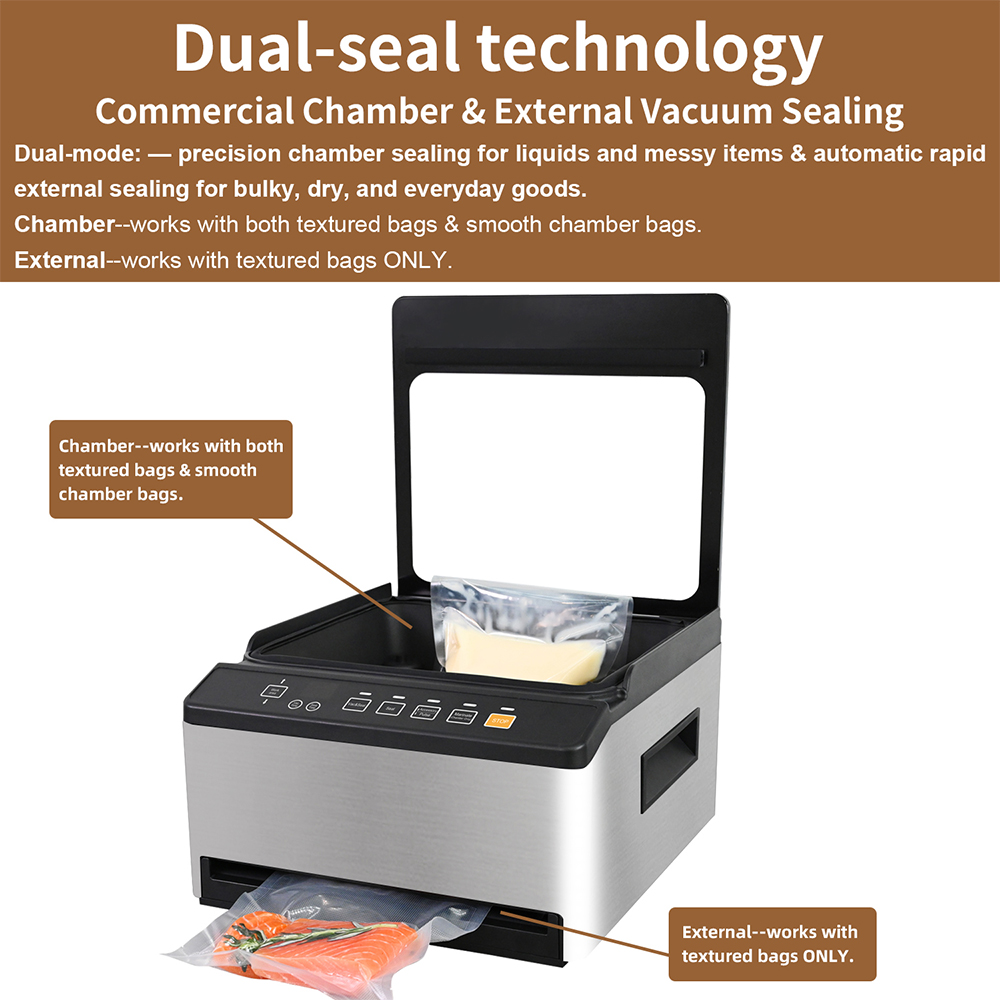 CVS101  Silver Commercial and Household 98kpa Chamber Vacuum Sealer with Dual Sealing System for Dry Moist Liquid Food