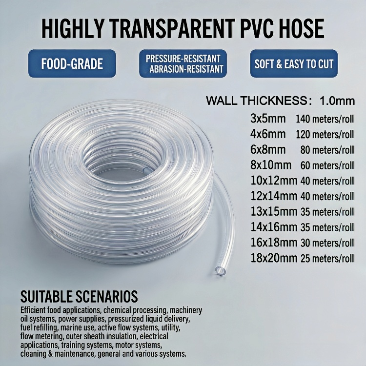Clear PVC Hose — Transparent · Flexible · Chemical Resistant · 17 Standard Sizes