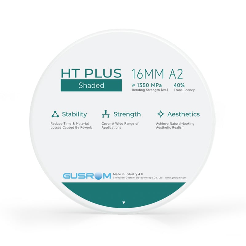 Gusrom HT PLUS Shaded 1350MPa Average Bending Strength 40% Transmittance Anterior crown Posterior crown Good biocompatibility Open System 98mm CE ISO ERP