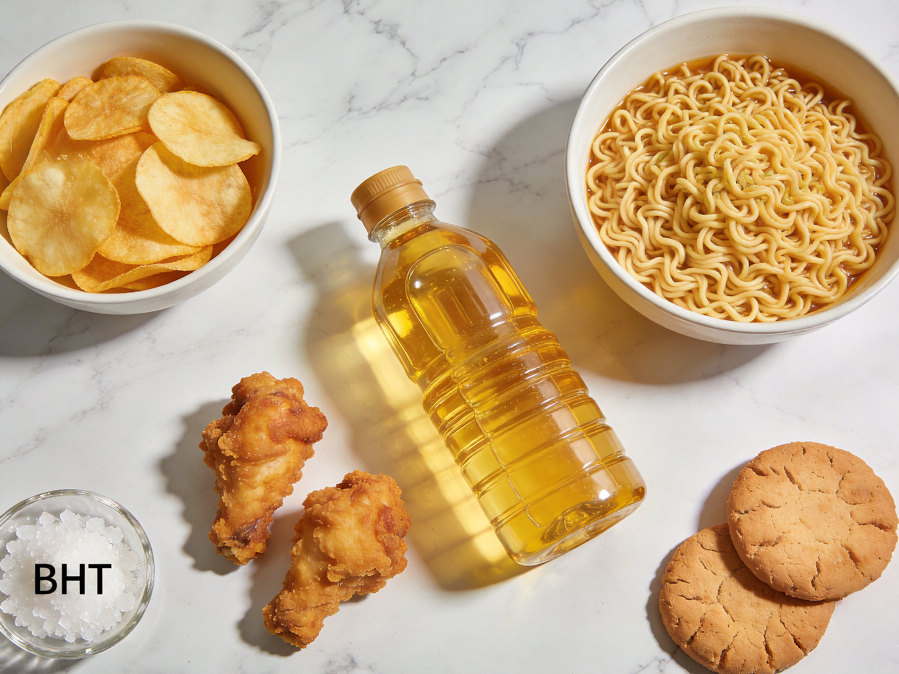 Antioxidant BHT powder and common foods like potato chips, fried chicken, and instant noodles