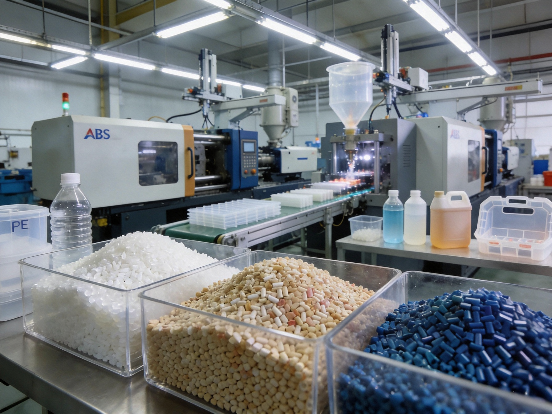 Plastic resin pellets (PE, ABS) in an injection molding factory using Antioxidant BHT