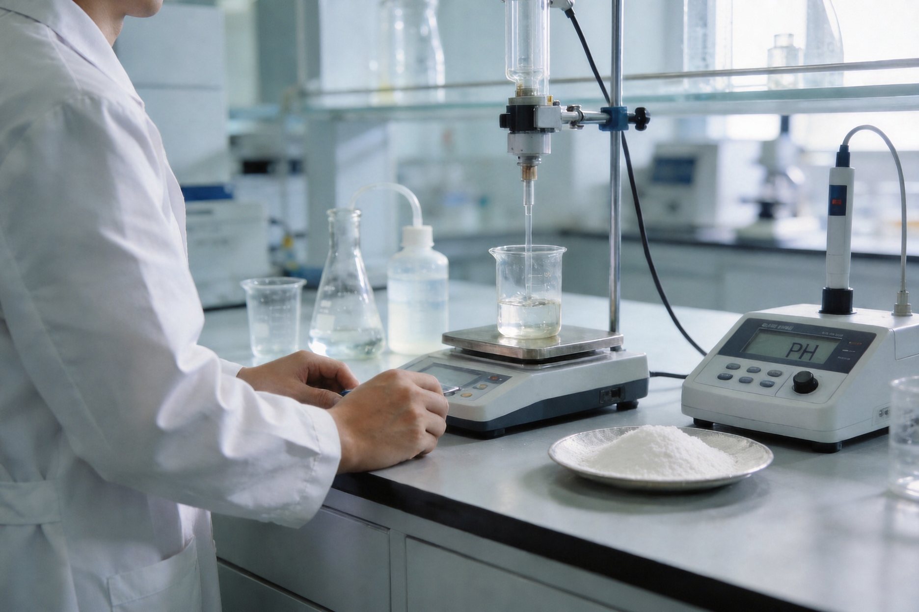 Laboratory technician measuring the pH value of Urotropine solution during quality control