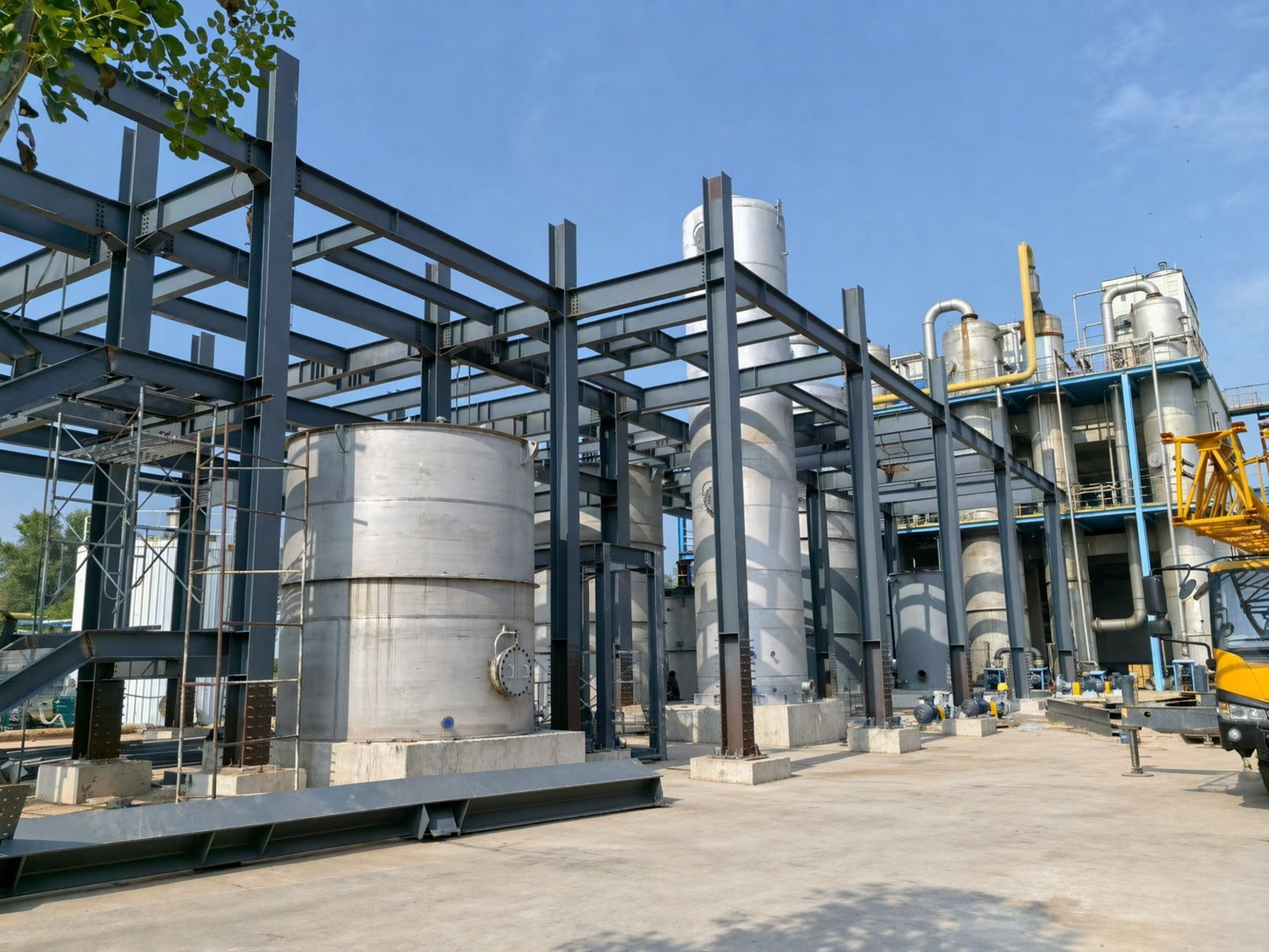 Steel structure framework and large chemical storage tanks under construction for the Urotropine project