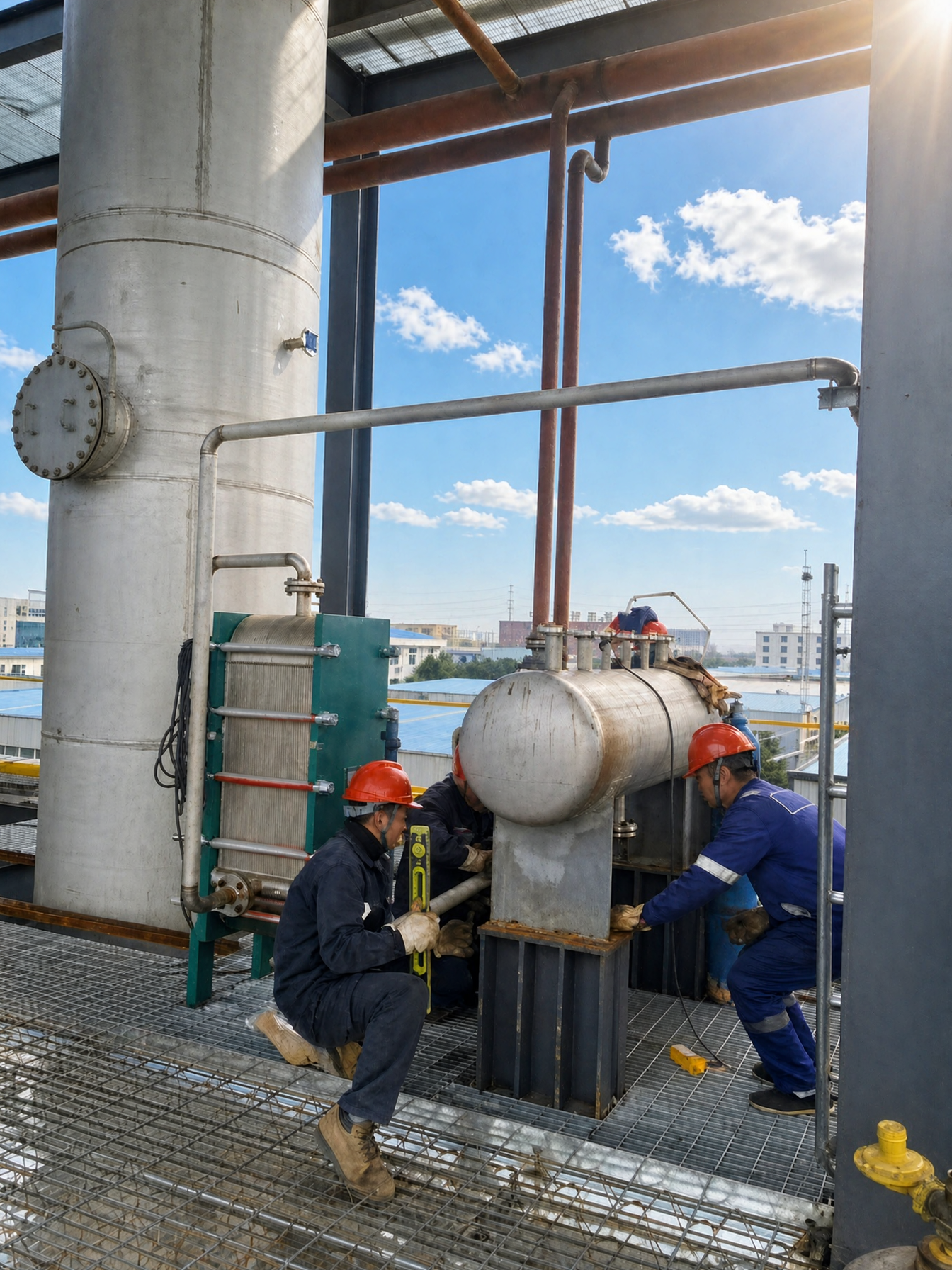 Engineering workers installing and leveling a heat exchanger at the Urotropine plant construction site