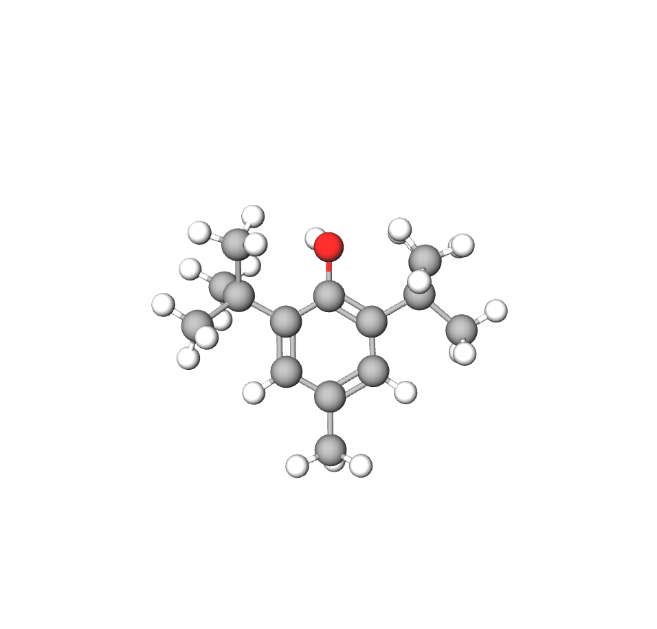 3D ball-and-stick molecular model of Antioxidant BHT (Butylated Hydroxytoluene)