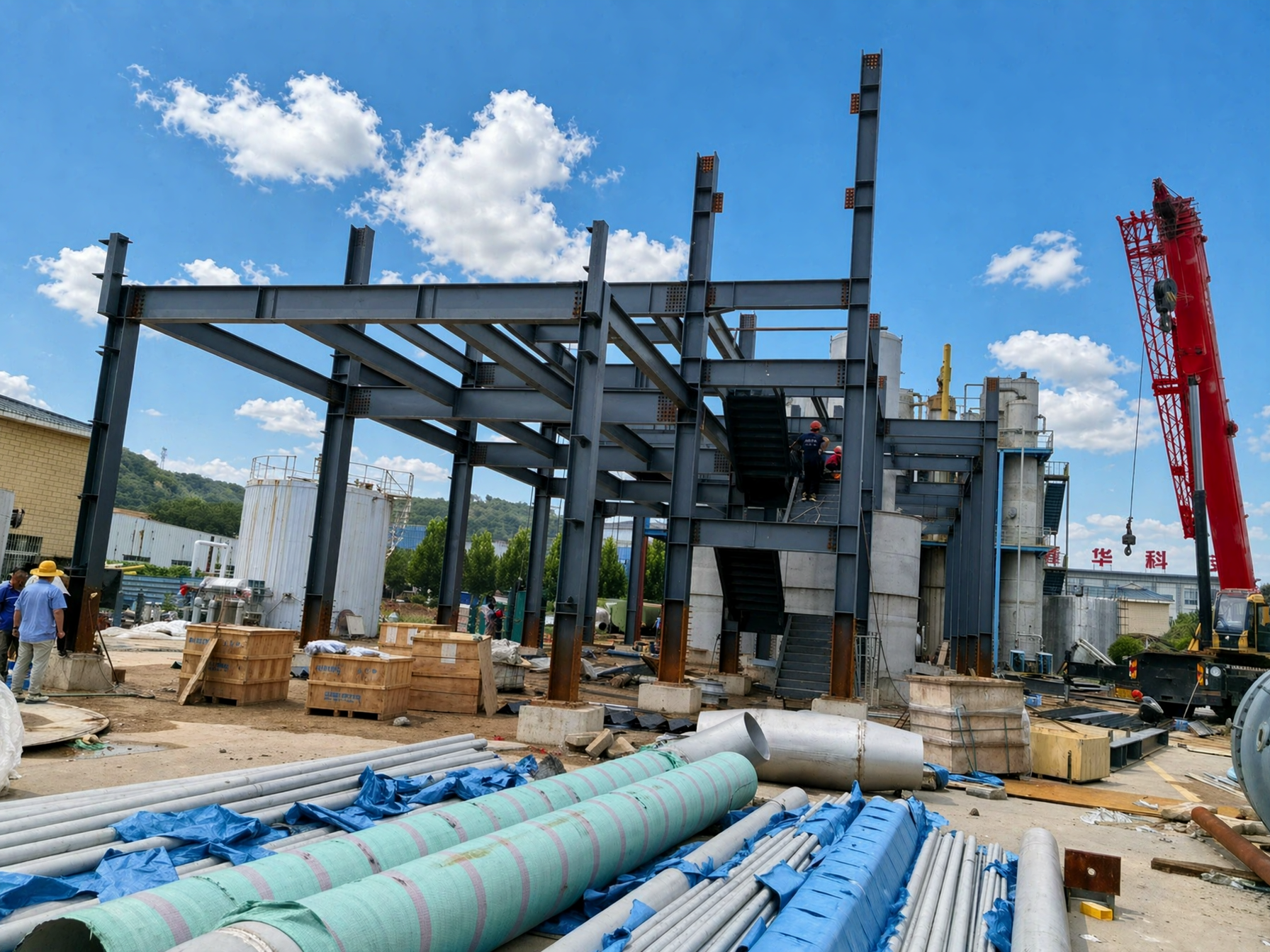 Overall view of the Urotropine plant assembly site, showing structural steel, piping materials, and cranes
