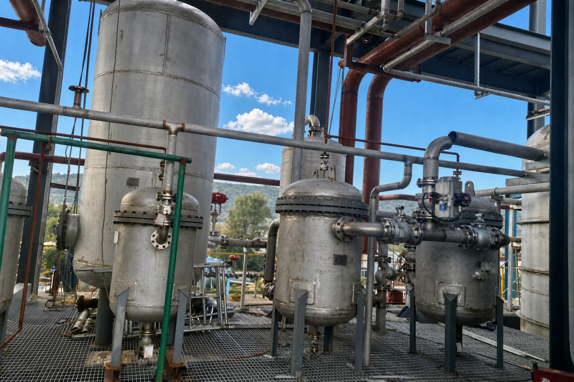 Vertical stainless steel pressure vessels and reactors installed at the chemical plant facility