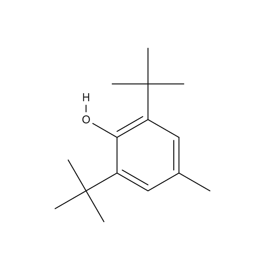 2D chemical structure of Antioxidant BHT showing the phenolic hydroxyl group