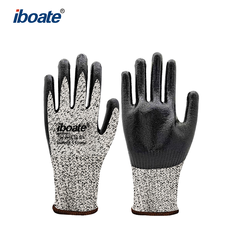 ถุงมือเคลือบไนไตรล์ป้องกันการตัด (iboate-DG0806) ความหนา 13 เกจ ทำจากเส้นใย HPPE ตามมาตรฐาน EN388 4244D และ ANSI A4