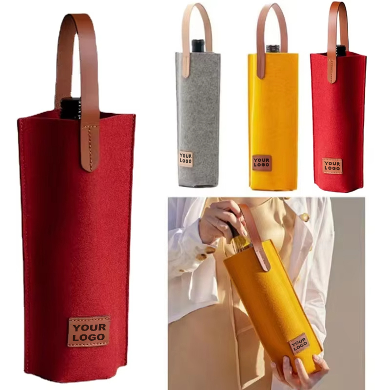 Felt Wine Bottle Bag with Leather Handle